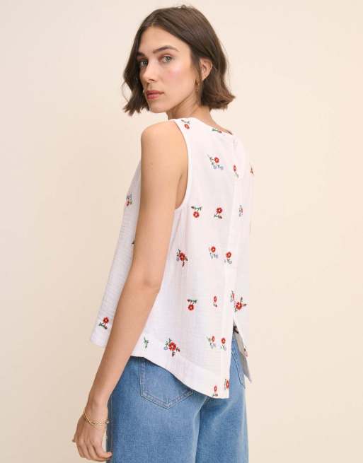 Nobody's Child Floral embroidered sleeveless swing top in cream, 5 of 5