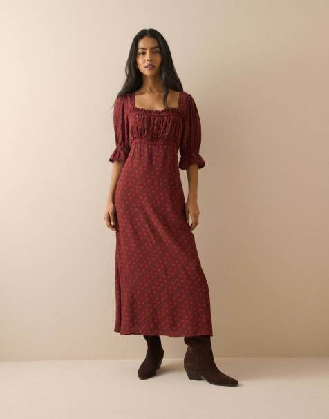 Nobody's Child Floral frill trim winslet midi dress in burgundy - view 1