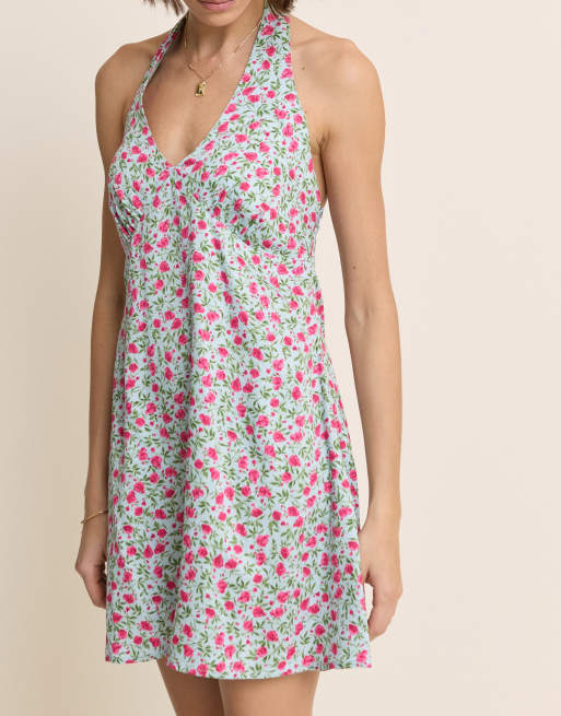 Nobody's Child Floral halter neck lynette mini dress in blue, 3 of 4