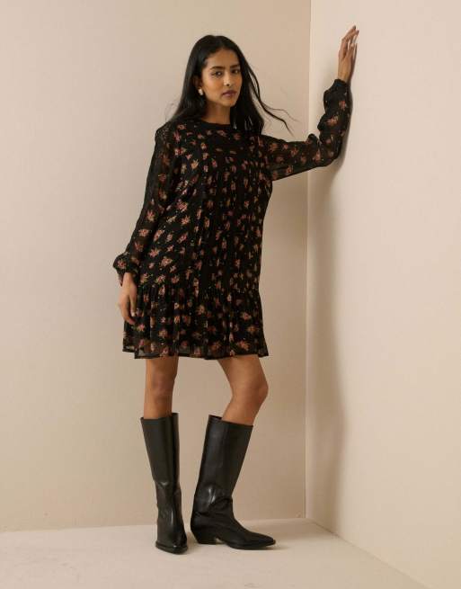 Nobody's Child Floral high neck denise mini dress in black, 3 of 6