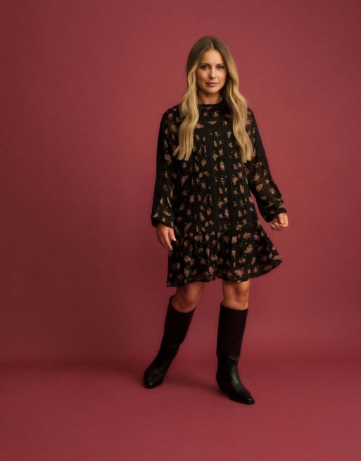 Nobody's Child Floral high neck denise mini dress in black, 4 of 6