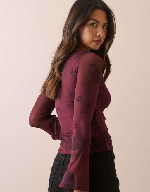 Nobody's Child Floral jersey mesh long sleeve top in burgundy, 2 of 5