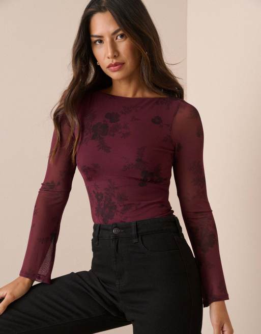 Nobody's Child Floral jersey mesh long sleeve top in burgundy, 4 of 5