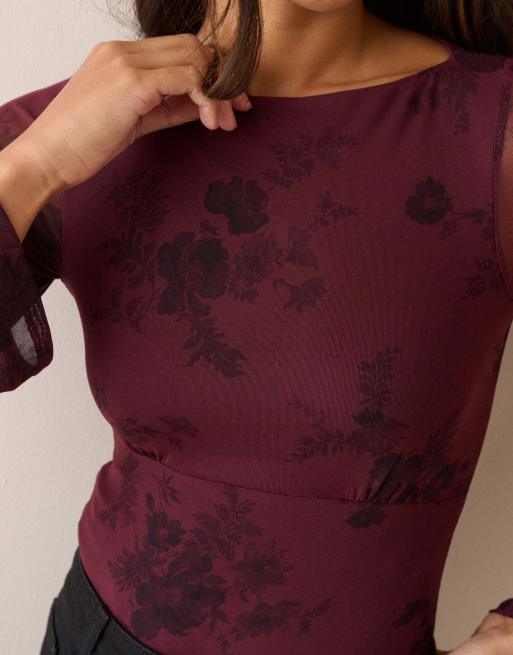 Nobody's Child Floral jersey mesh long sleeve top in burgundy, 5 of 5