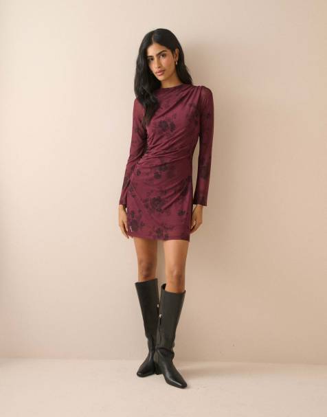 Nobody's Child Floral long sleeve ruched kiera mini dress in red - view 1