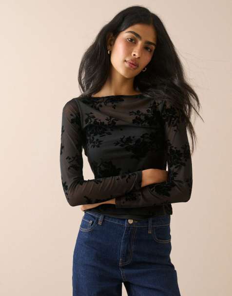 Nobody's Child Floral mesh long sleeve top in black