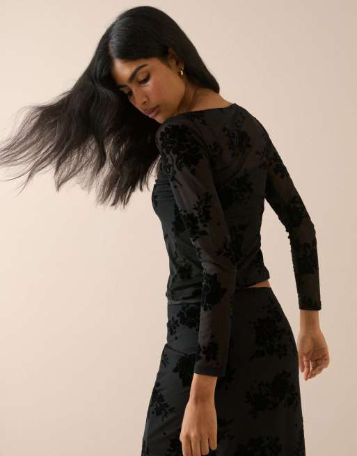 Nobody's Child Floral mesh long sleeve top in black, 2 of 5