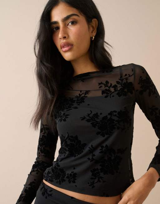 Nobody's Child Floral mesh long sleeve top in black, 5 of 5