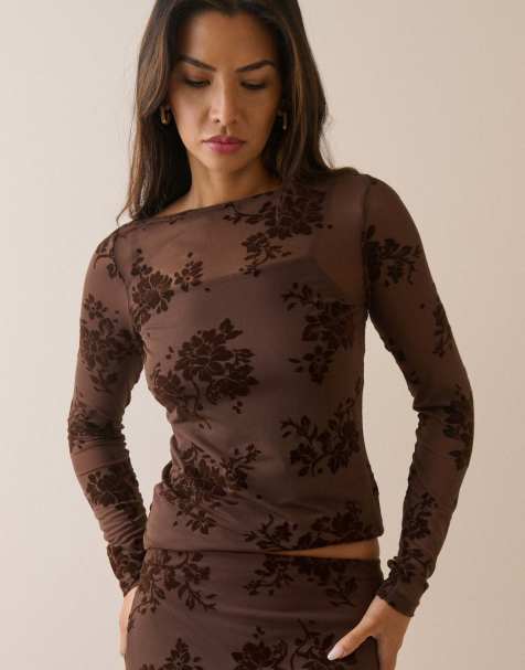 Nobody's Child Floral mesh long sleeve top in brown - view 1