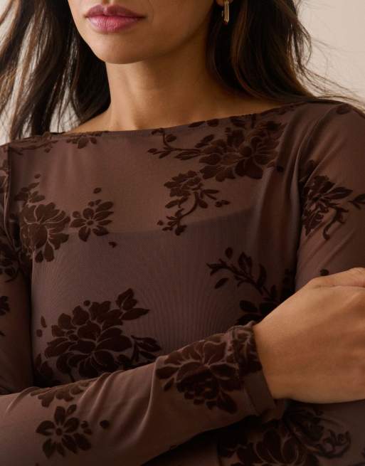 Nobody's Child Floral mesh long sleeve top in brown, 2 of 5