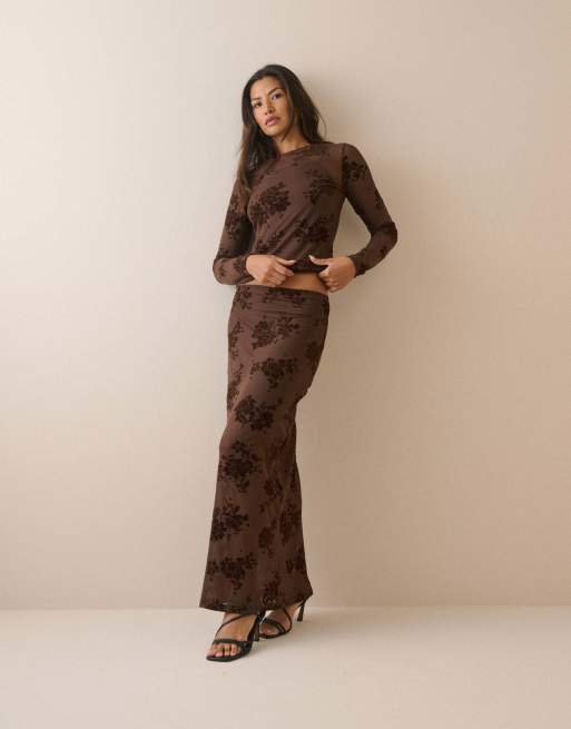 Nobody's Child Floral mesh long sleeve top in brown, 3 of 5