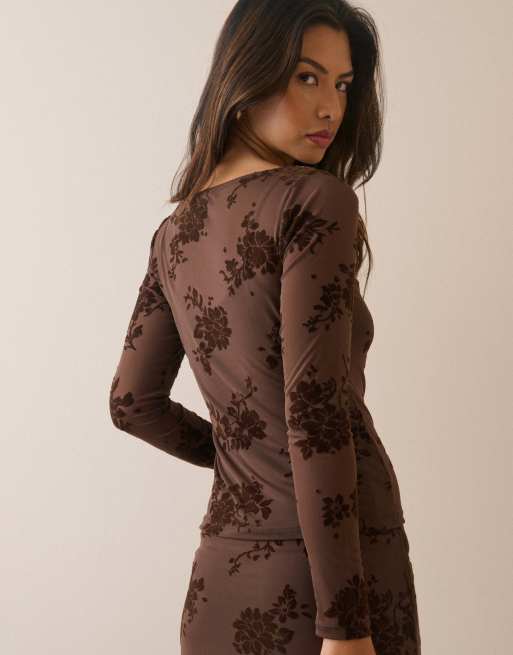 Nobody's Child Floral mesh long sleeve top in brown, 4 of 5