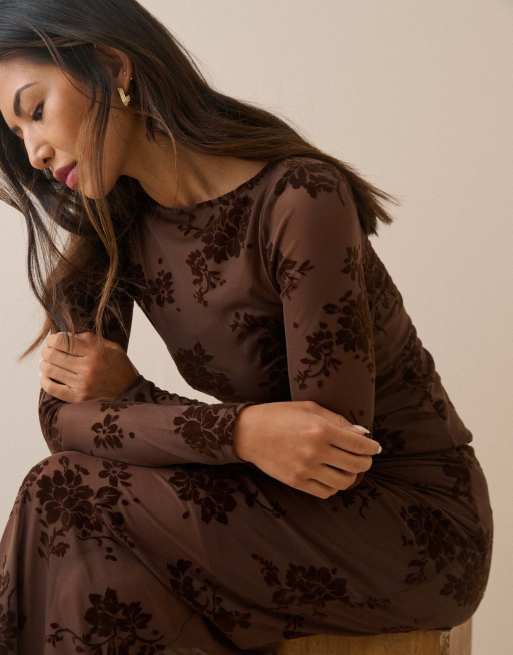 Nobody's Child Floral mesh long sleeve top in brown, 5 of 5