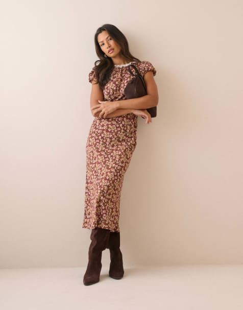 Nobody's Child Floral puff sleeve marianna midi dress in brown - view 1