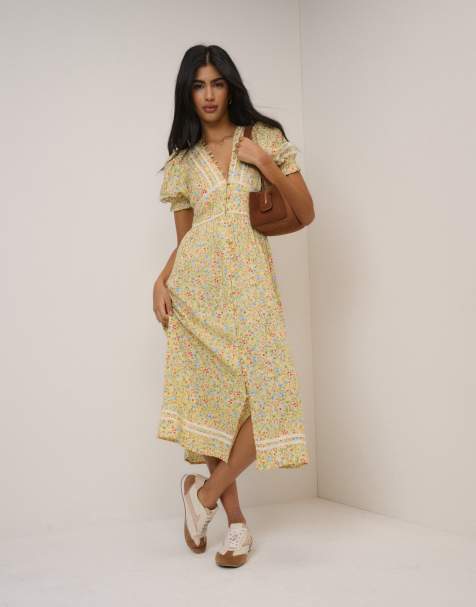 Nobody's Child Floral saffy midi tea dress in yellow - view 1