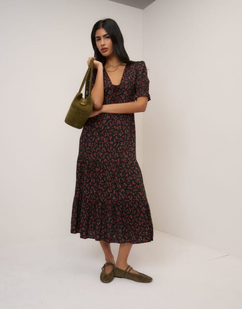 Nobody's Child Floral tiered lia midi dress in black