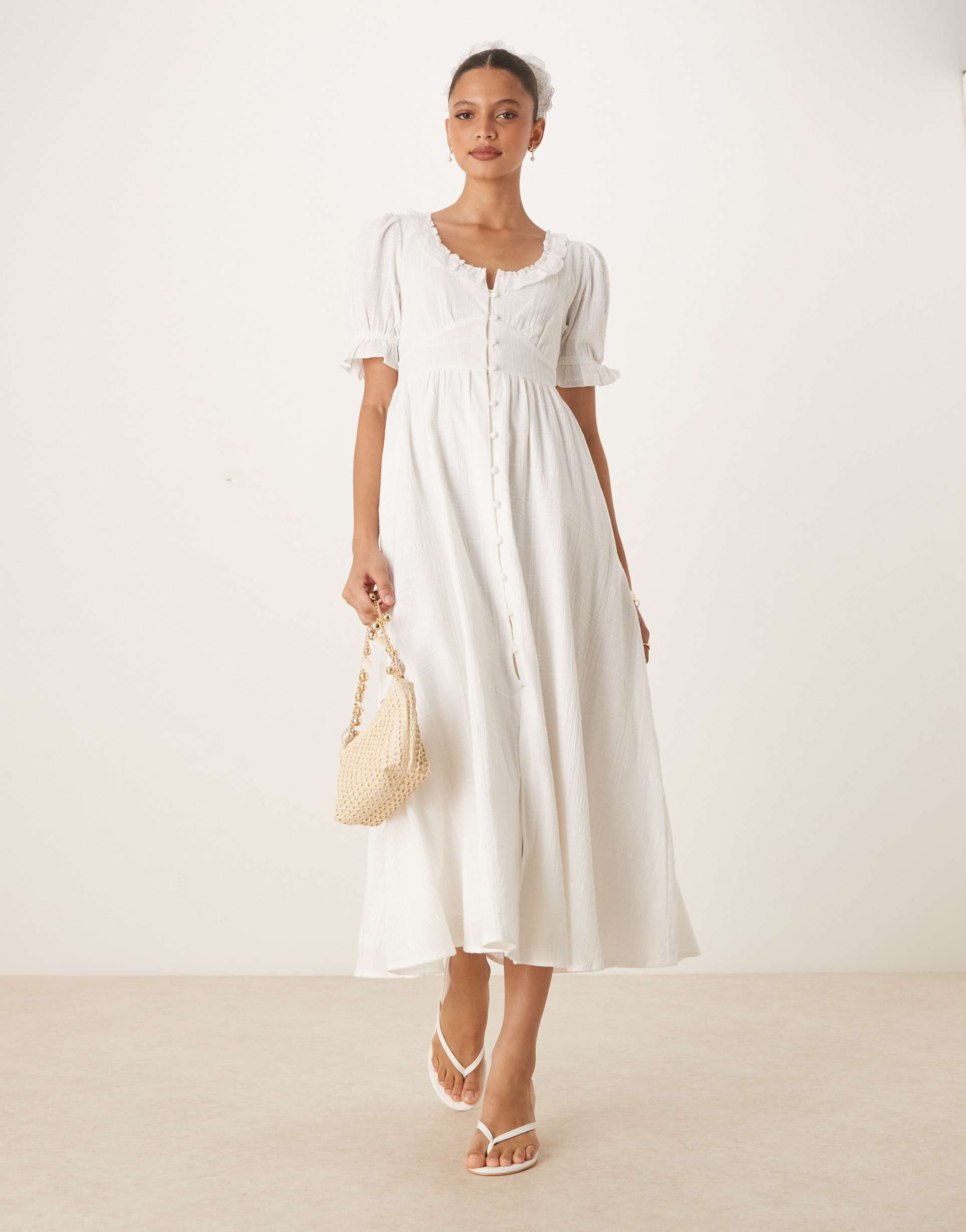 nobody's child flossie ruffle detail midaxi dress in white