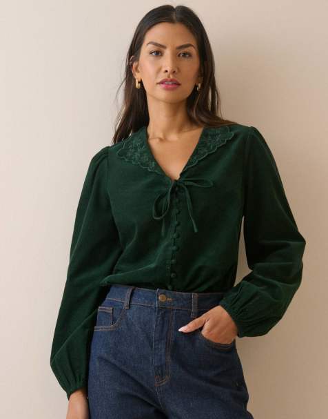 Nobody's Child Forest floral embroidered collar cord blouse in green