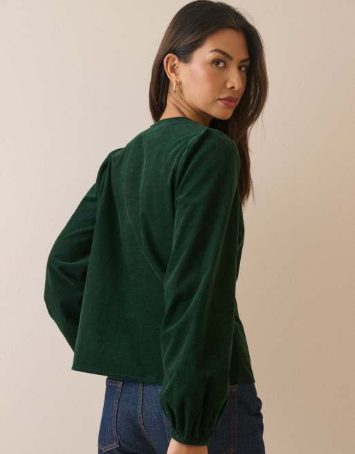 Nobody's Child Forest floral embroidered collar cord blouse in green, 2 of 5