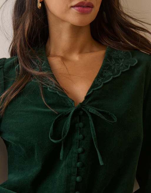 Nobody's Child Forest floral embroidered collar cord blouse in green, 3 of 5