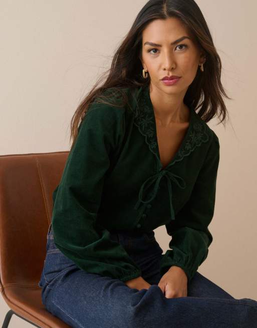 Nobody's Child Forest floral embroidered collar cord blouse in green, 4 of 5