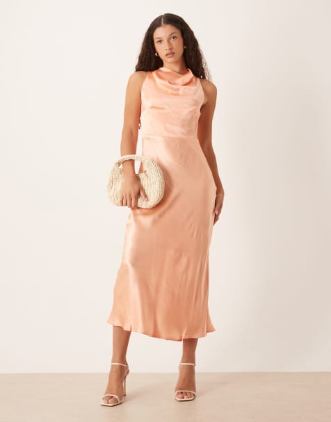 Nobody's Child Frances satin high neck drape detailing midi dress in pale orange - view 1
