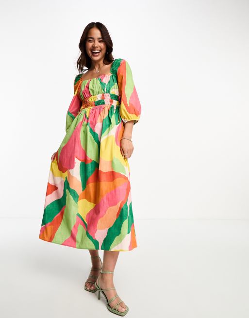 Nobody's Child - Franzie - Midi-jurk met pofmouwen en abstracte print in rood en groen