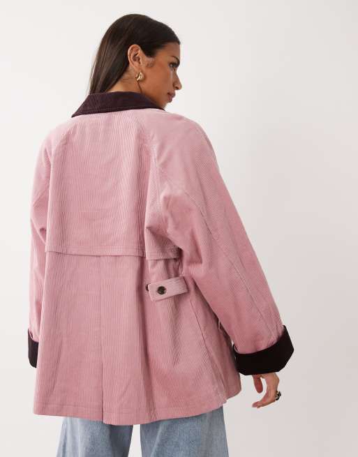 Nobody's Child Freddie cappotto barn in corda con colletto a contrasto e polsini risvoltati rosa, 4 di 4