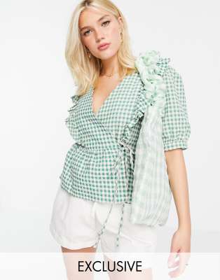 Nobody's Child Frill Collar Wrap Blouse In Gingham-green | ModeSens