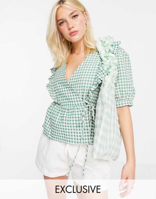 Nobody's Child frill collar wrap blouse in gingham | ASOS