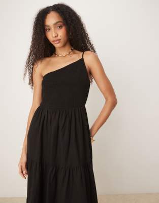 Nobody's Child - Frome - Midikleid in Schwarz mit One-Shoulder-Träger und Raffung