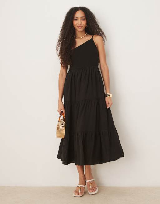 Nobody's Child - Frome - Sort midikjole med oneshoulder-snit og rynker, 3 af 4