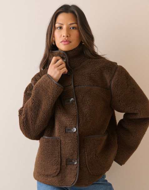 Nobody's Child Funnel neck faux shearling coat in chocolate - view 1