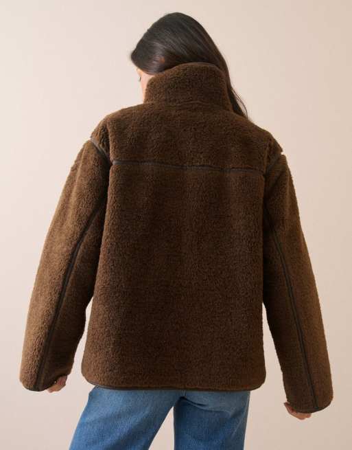 Nobody's Child Funnel neck faux shearling coat in chocolate, 2 of 7