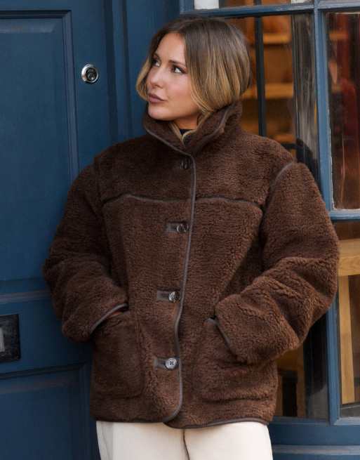 Nobody's Child Funnel neck faux shearling coat in chocolate, 6 of 7