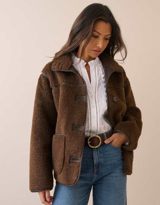Nobody's Child Funnel neck faux shearling coat in chocolate, 7 of 7