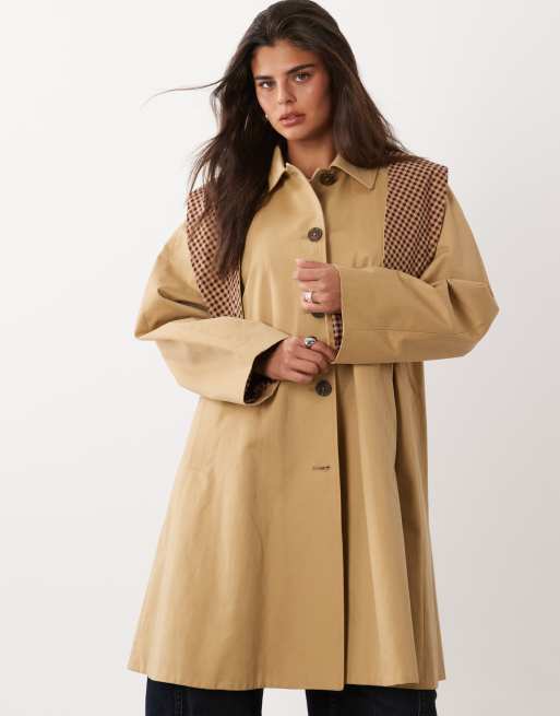Nobody's Child - gabardina de algodón de largo medio con bufanda desmontable con capucha a cuadros vichy en beige, 3 de 4