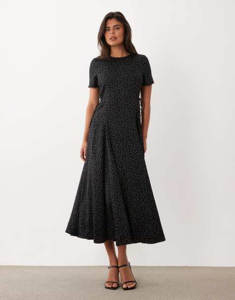 Nobody's Child Gaia round neck tie waist detail midi dress in black polka dot - view 1