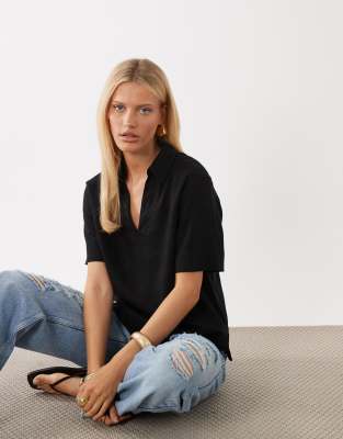 Nobody's Child Gale Linen Blend Short Sleeve V-neck Polo Top In Black