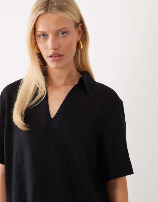 Nobody's Child - Gale - Polo a maniche corte nera con scollo a V in misto lino, 4 di 4