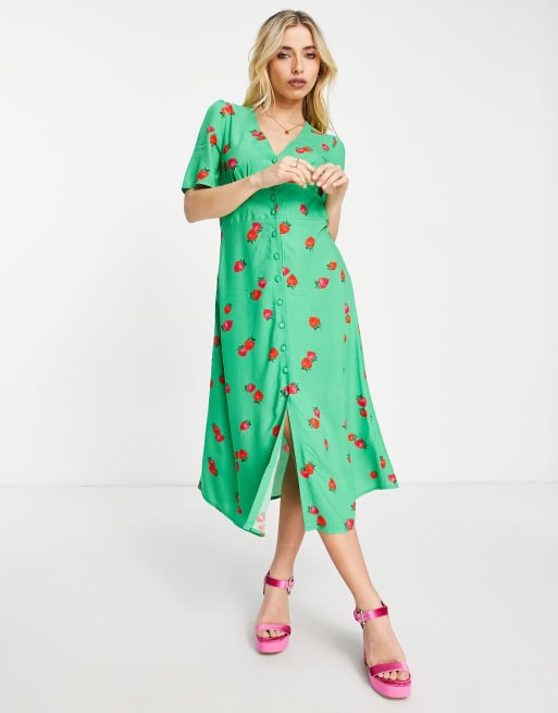 Nobody's Child – Geknöpftes Midi-Freizeitkleid in Grün mit Erdbeermuster