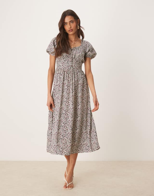 Nobody's Child Genevieve milkmaid midi dress in cream floral | ASOS