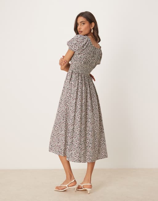 Nobody's Child Geniveve milkmaid midi dress in cream ditsy, 3 of 4