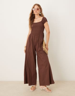 Nobody's Child -Geraffter Jumpsuit in neutraler Farbe mit weitem Bein