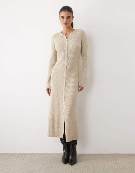 Nobody's Child geripptes Jersey-Maxikleid mit durchgehender Knopfleiste in Ecru - view 1