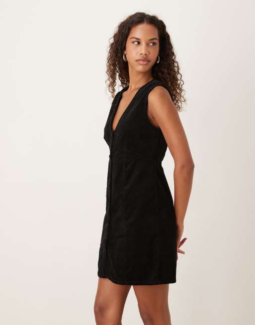 Nobody's Child - Gianna - Robe chasuble courte en velours côtelé avec col V - Noir, 4 de 4