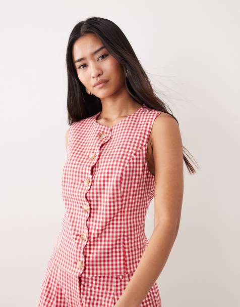 Nobody's Child - Gilet rosso a quadretti in misto cotone con bordi smerlati in coordinato - view 1