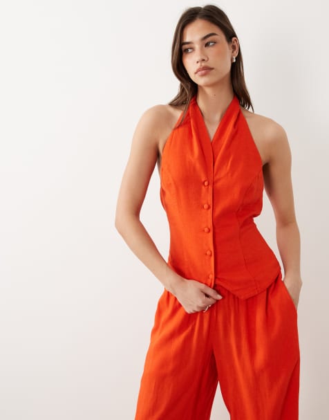 Nobody's Child - Gilet sartoriale in misto lino arancione in coordinato - view 1