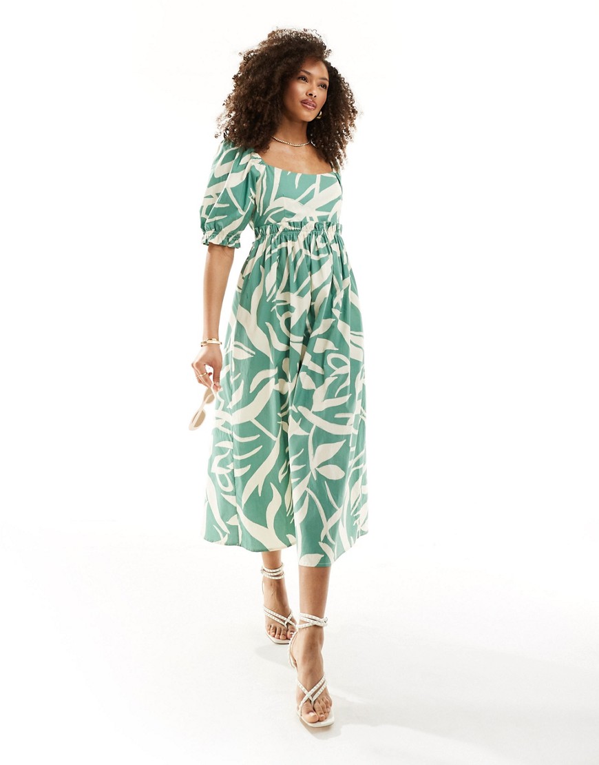 Nobody's Child Ginger Puff Sleeve Midi Dress In Green Abstract Print