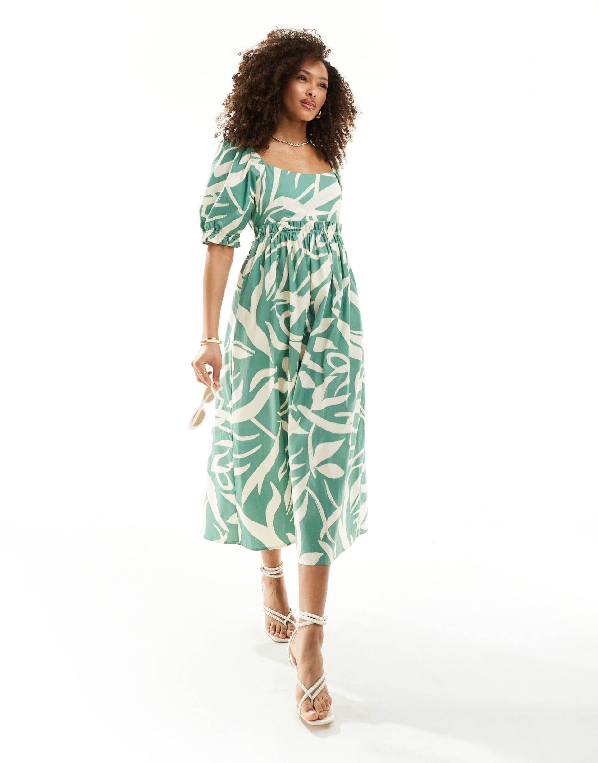 nobody's child ginger puff sleeve midi dress in green abstract print